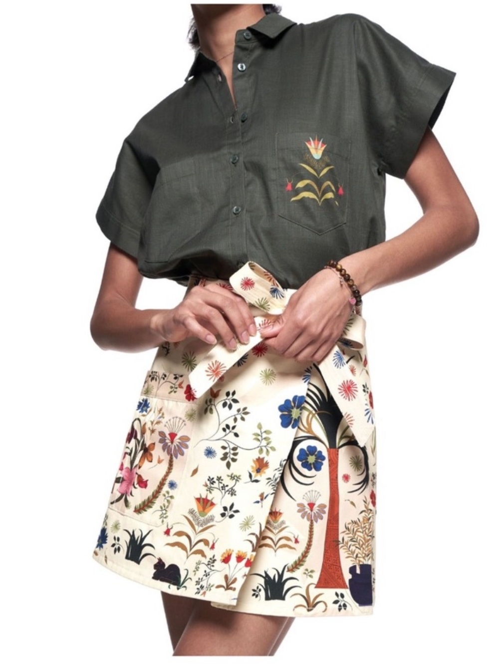 NWOT The Kit. Cargo Skirt Palampore Brushed Cotton Floral Cream Denim Skirt, M